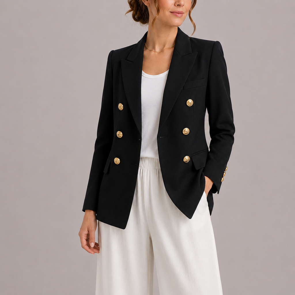 Women's Elegant Double-Breasted Blazer with Gold Buttons – Classic Jacket-Edit Velvet
