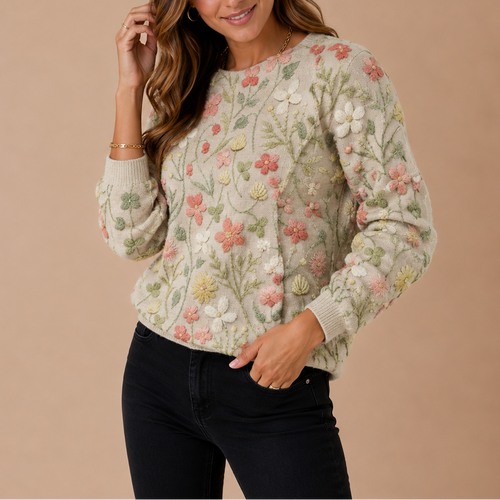 Women's Floral Knit Sweater – Embroidered Flower Pullover-Edit Velvet