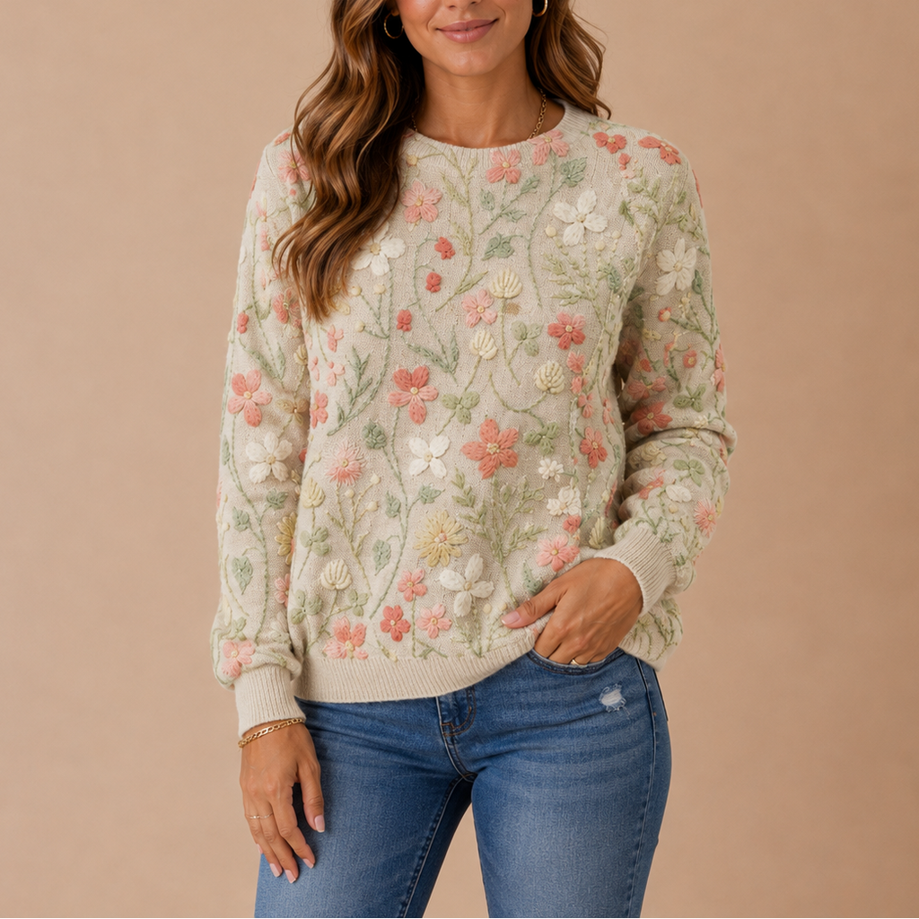 Women's Floral Knit Sweater – Embroidered Flower Pullover-Edit Velvet