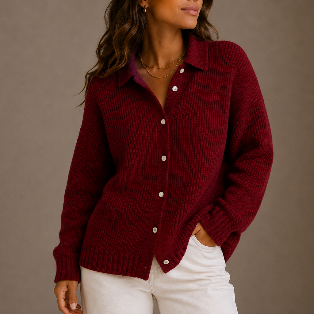 Women's Knit Cardigan - Collared Button-Up Relaxed Style-Edit Velvet
