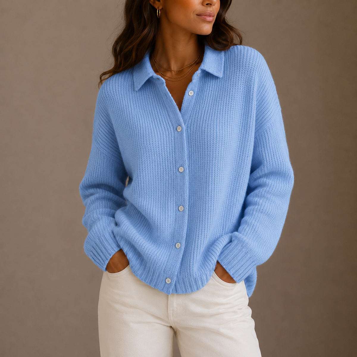 Women's Knit Cardigan - Collared Button-Up Relaxed Style-Edit Velvet