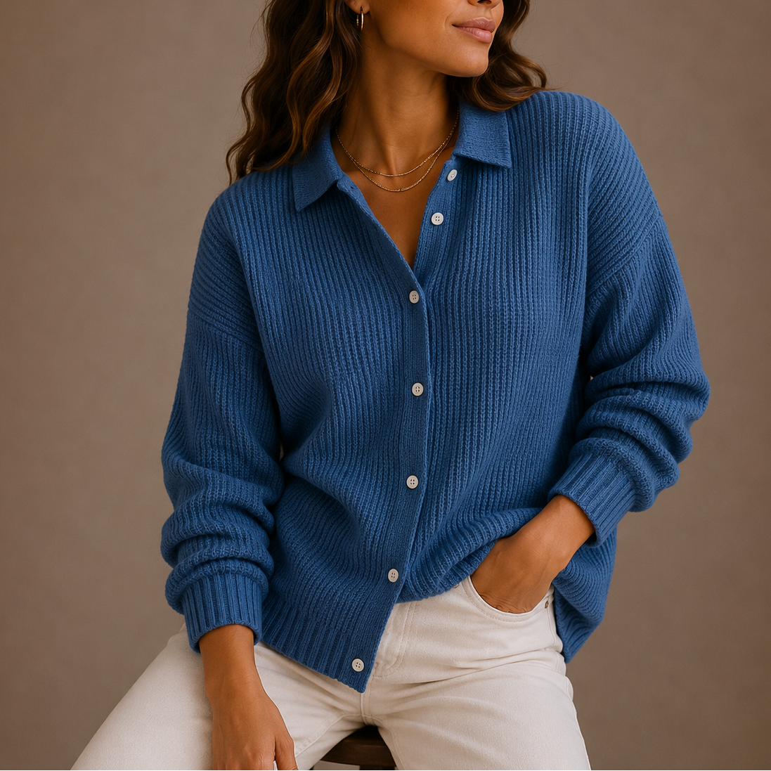 Women's Knit Cardigan - Collared Button-Up Relaxed Style-Edit Velvet