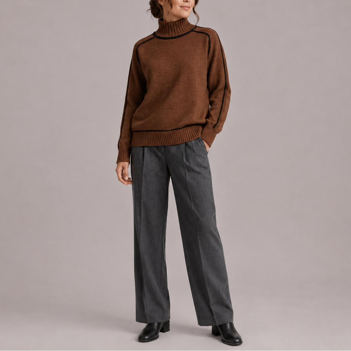 Women's Turtleneck Sweater – Contrast Trim Knit Top-Edit Velvet