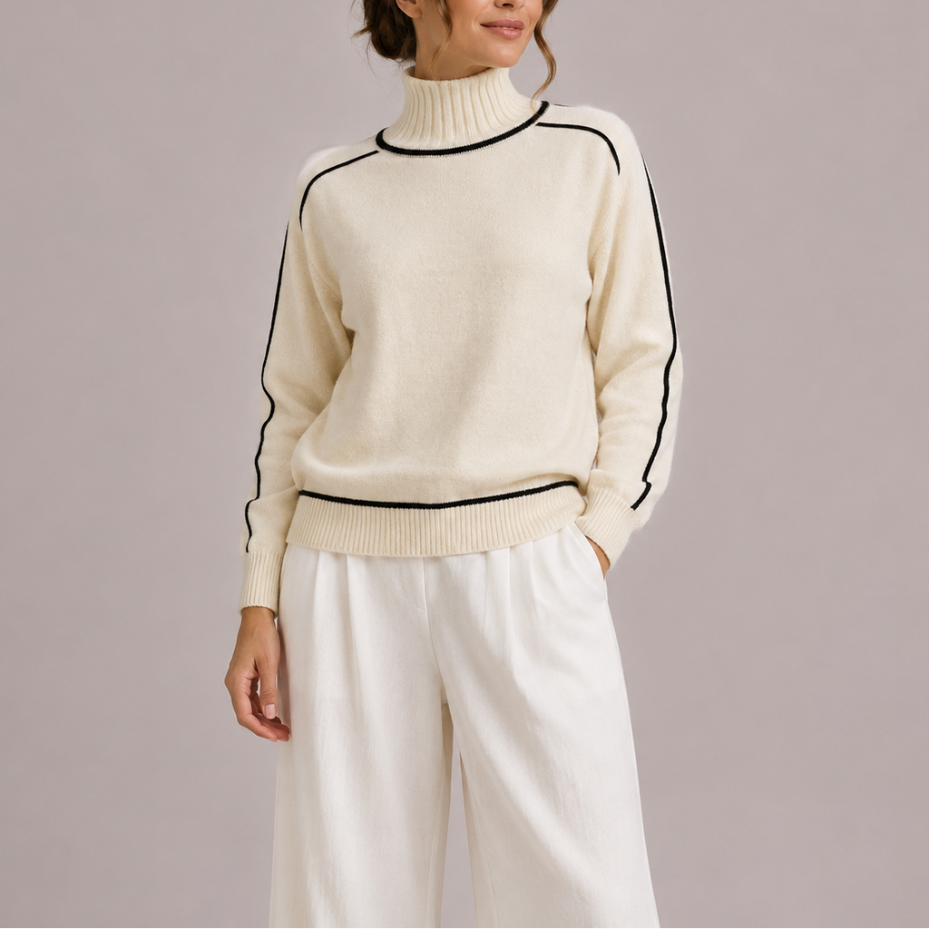 Women's Turtleneck Sweater – Contrast Trim Knit Top-Edit Velvet
